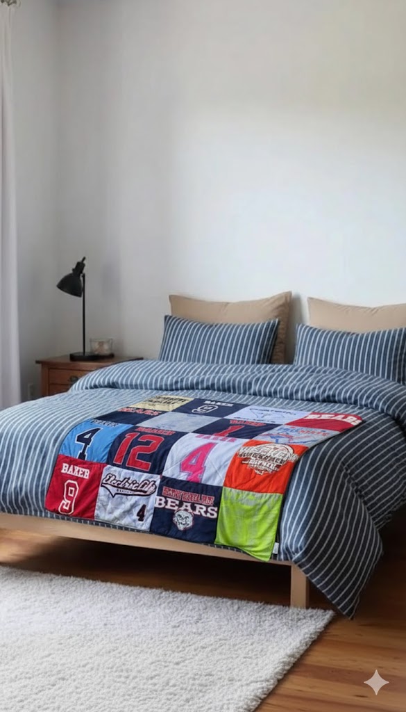 Custom t-shirt quilt in boy's room — high school graduation gift displayed on bed