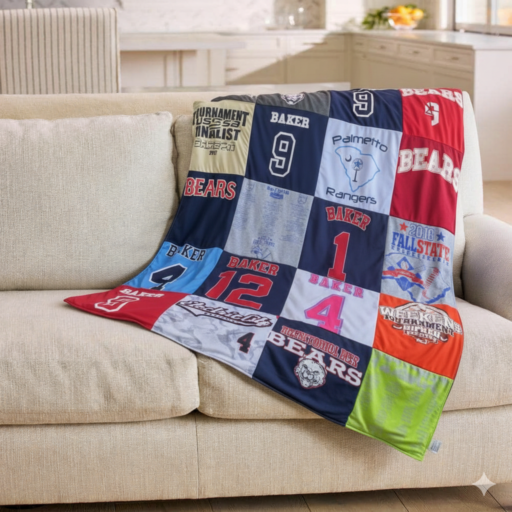 Custom Project Repat t-shirt memory quilt draped on couch — best graduation gift starting at $45