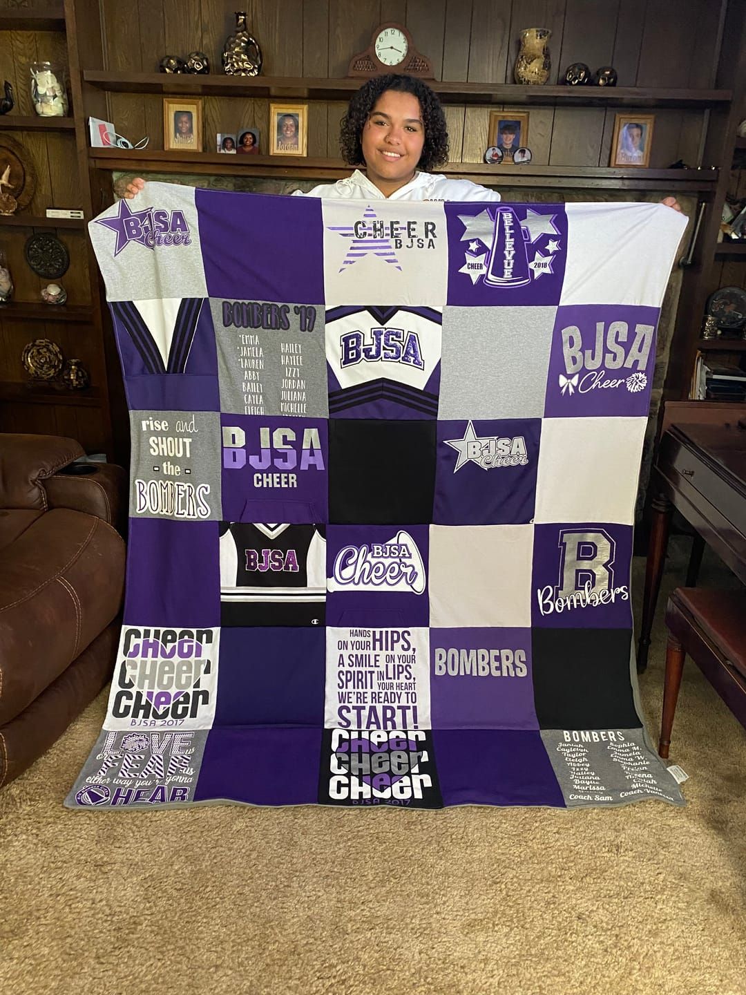 Custom cheer squad t-shirt quilt — perfect graduation gift for cheerleaders, made by Project Repat