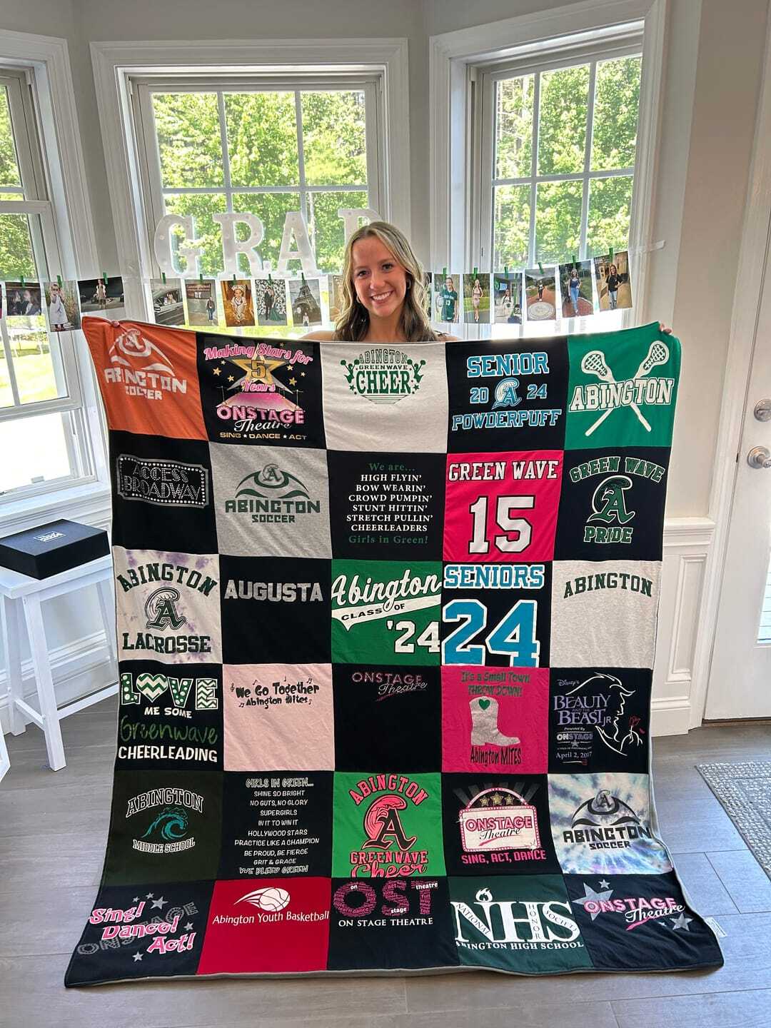 Custom t-shirt quilt with sports and school memories — best graduation gift handmade in USA