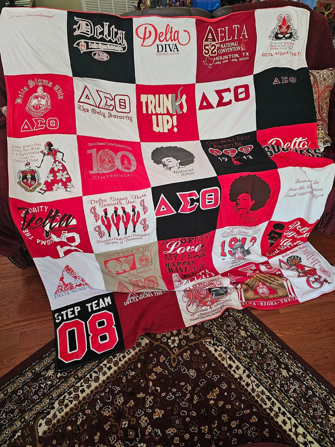 Custom memory quilt with school spirit shirts and team jerseys — meaningful graduation gift