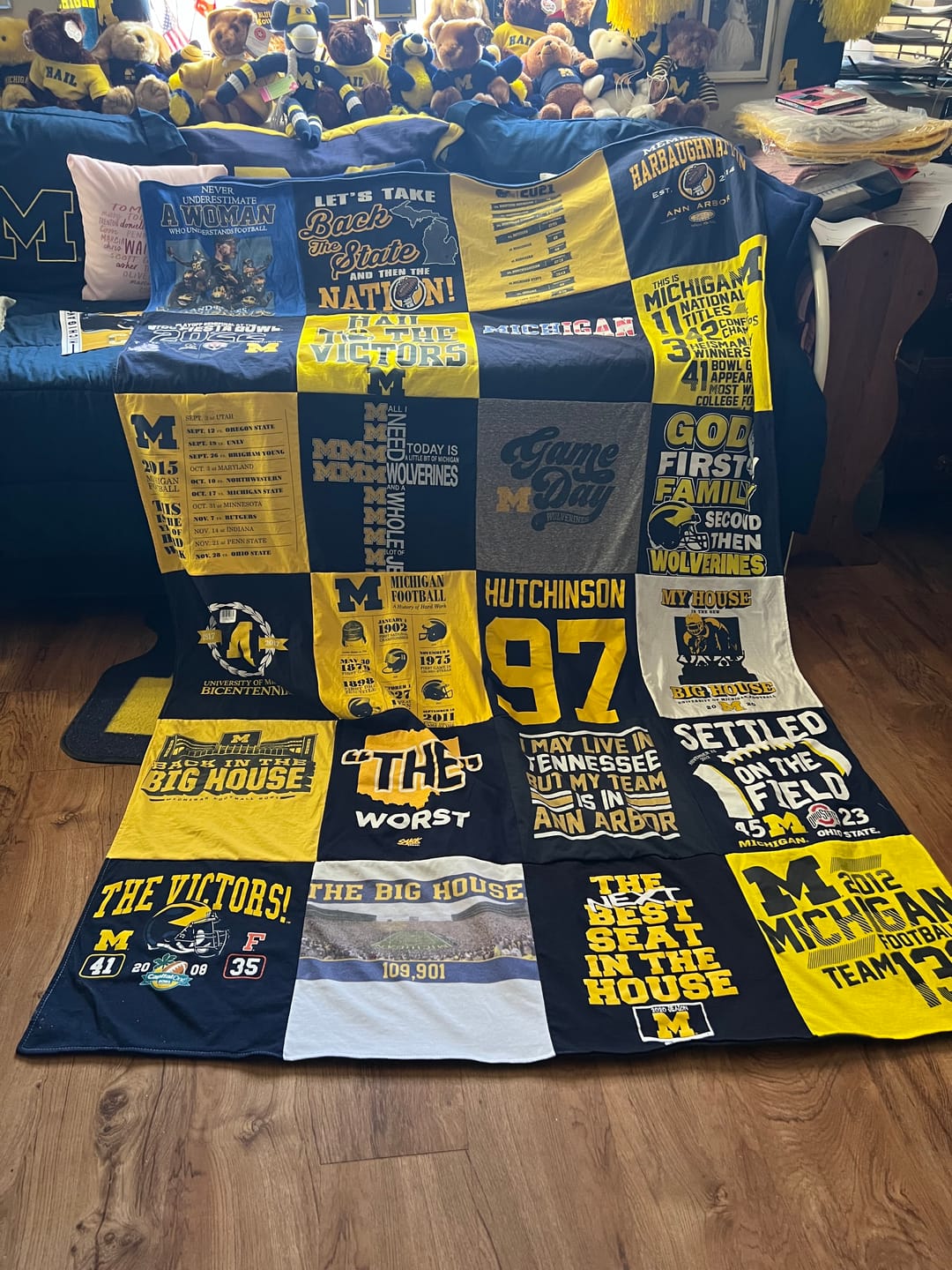 Custom memory quilt graduation gift with high school and college activity shirts