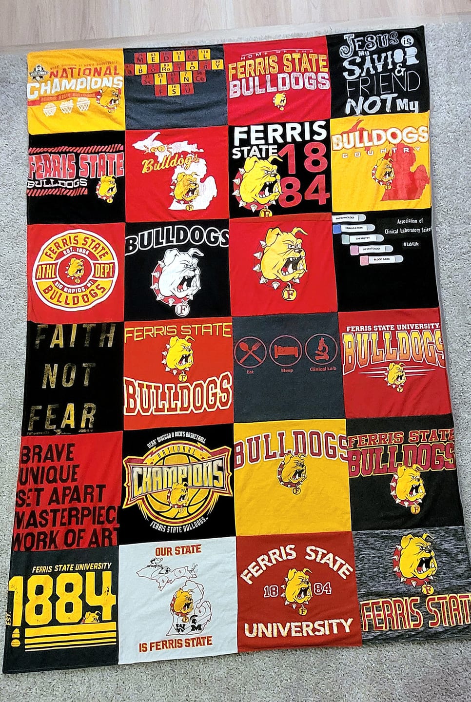 Personalized t-shirt quilt graduation gift showing colorful team and school shirts — unique memory keepsake